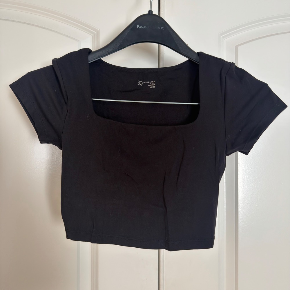 Offline by Aerie Real Me Black Square Neck Short Sleeve Crop Top XS